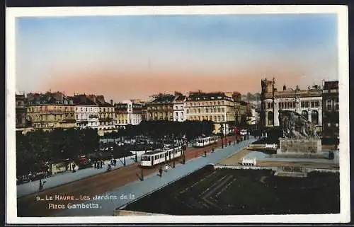 AK Le Havre, Les Jardins de la Place Gambetta, Strassenbahn