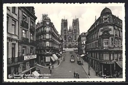 AK Brussel, St Gudula Kerk en straat, Strassenbahn