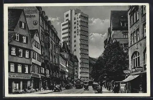 AK Stuttgart, Tagblatt-Turmhaus, Strassenbahn