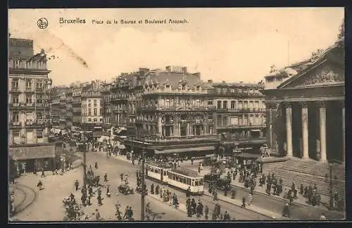 AK Bruxelles, Place de la Bourse et Boulevard Anspach, Strassenbahn