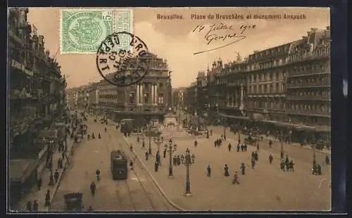 AK Bruxelles, Place de Brouckère et monument Anspach, Strassenbahn