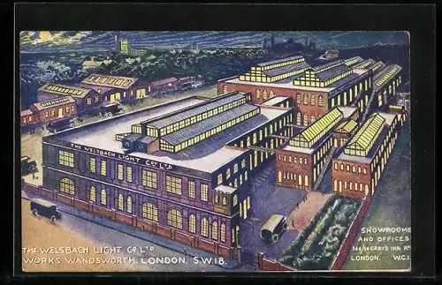 Künstler-AK London, The Welsbach Ligth Co Ltd, Works Wandsworth, Schowrooms and Offices, 344-54, Gray`s Inn Rd