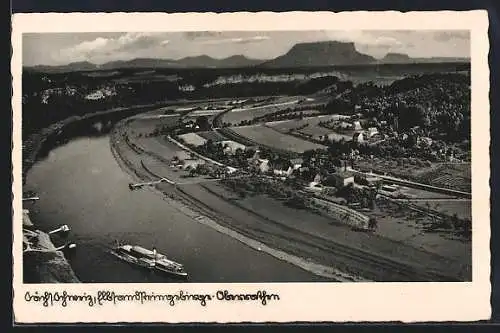 AK Oberrathen /Sächsische Schweiz, Ortsansicht mit Elbe u. Elbsandsteingebirge