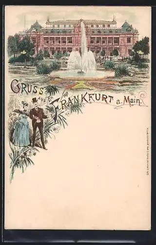 Lithographie Frankfurt a. Main, Park mit Springbrunnen