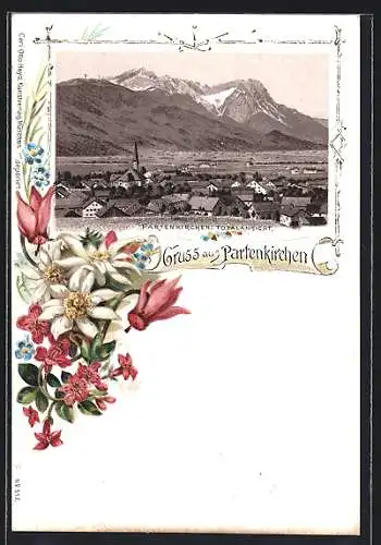 Lithographie Partenkirchen, Ortsansicht aus der Vogelschau