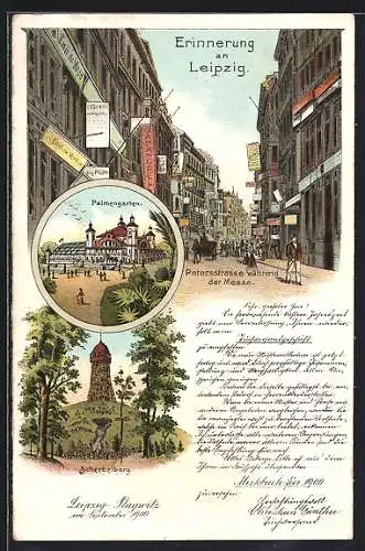 Lithographie Leipzig, Peterstrasse während der Messe, Palmengarten, Scherbelberg