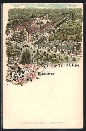 Lithographie Hannover, Pferdeturm mit Besuchern und Pferdebahnen