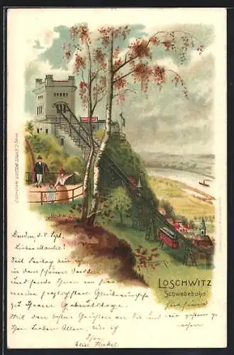 Lithographie Dresden-Loschwitz, Blick auf die Schwebebahn