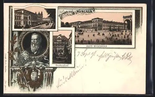 Lithographie München-Au, Festsaalbau, Grottenhof und alte Residenz