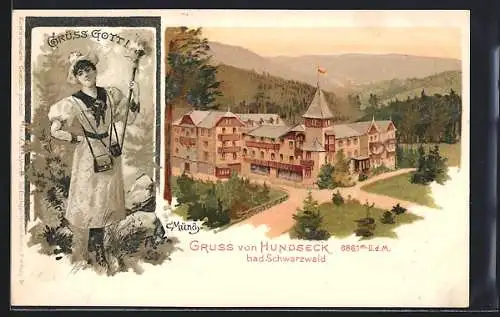 Lithographie Hundseck /Bad. Schwarzwald, Villa mit Bergpanorama