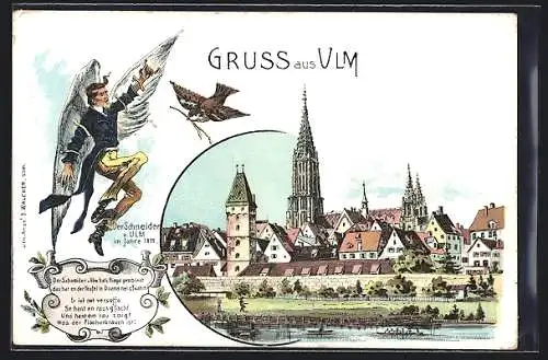 Lithographie Ulm / Donau, Der Schneider, Ortsansicht