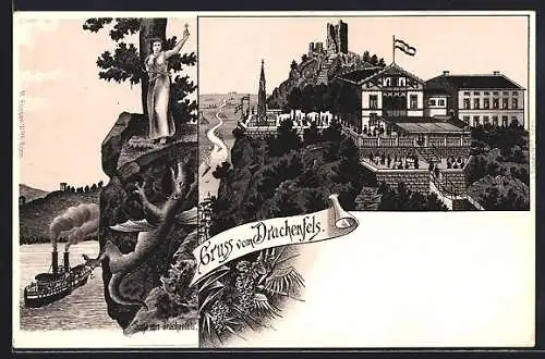 Lithographie Königswinter, Gasthaus Drachenfels, Darstellung der Sage vom Drachenfels