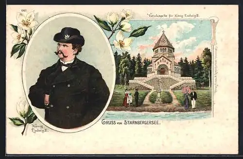 Lithographie König Ludwig II. von Bayern, Votivkapelle am Starnbergersee