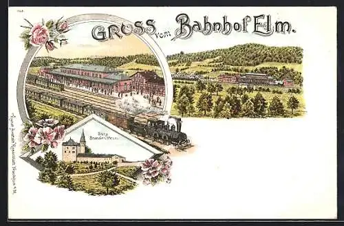 Lithographie Elm / Schlüchtern, Gruss vom Bahnhof, Burg Brandenstein
