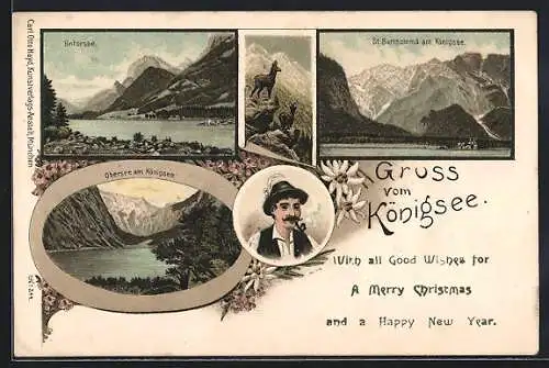 Lithographie Königsee / Berchtesgaden, St. Bartholomä, Hintersee, Obersee