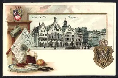 Passepartout-Lithographie Alt-Frankfurt, Römer und Wappen, Echte Frankfurter Würstchen