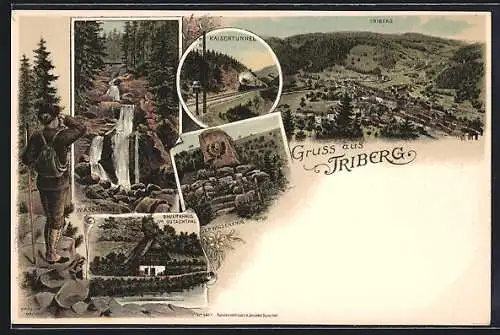 Lithographie Triberg, Panorama mit Kaisertunnel, Bauernhaus im Gutachthal, Wasserfall u. Gerwigdenkmal