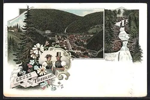 Lithographie Triberg, Wasserfall und Panorama