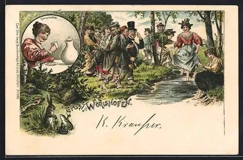 Lithographie Wörishofen, Kurgäste bei einer Kneippkur, Frau trinkt Kneippkaffee, Badekultur