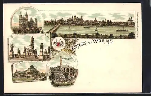 Lithographie Worms, Städtisches Spiel- und Festhaus, Dom, Lutherdenkmal