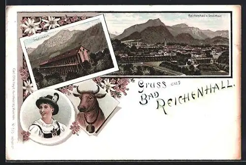 Lithographie Bad Reichenhall, Gradirhaus, Panorama und Mann mit Kuh