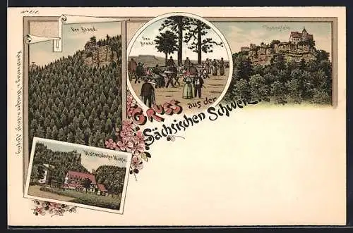 Lithographie Hohenstein / Sächsische Schweiz, Waltersdorfer Mühle, Der Brand, Ortspartie