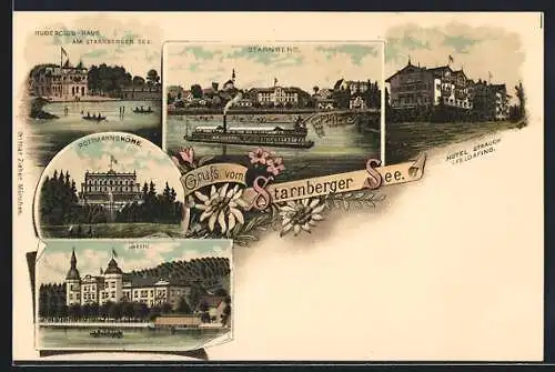 Lithographie Starnberg, Ruderclub-Haus am See, Rottmannshöhe