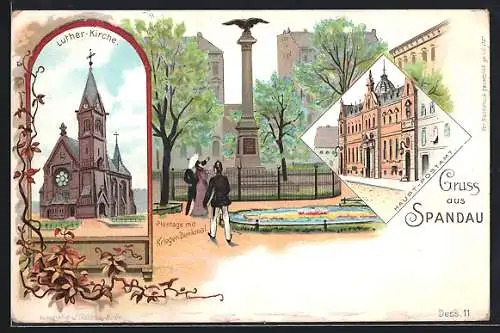 Lithographie Berlin-Spandau, Haupt-Postamt, Plantage mit Krieger-Denkmal, Luther-Kirche