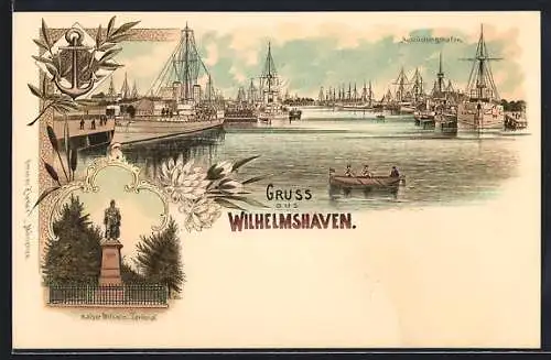 Lithographie Wilhelmshaven, Ausrüstungshafen, Kaiser-Wilhelm-Denkmal