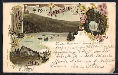 Lithographie Bayerisch Eisenstein, Boote auf dem Arbersee, Arberseehaus, Rieslochfall