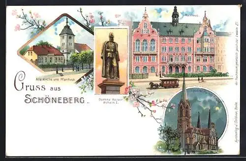 Lithographie Schöneberg, Alte Kirche und Pfarrhaus, Rathaus