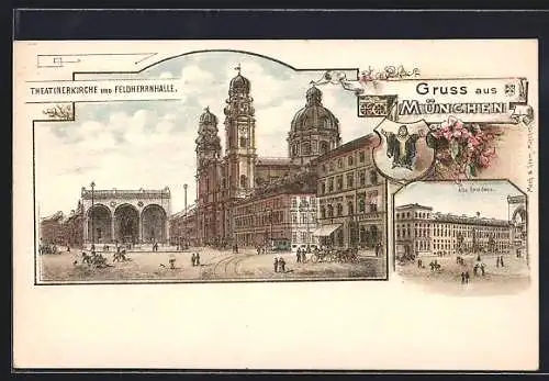 Lithographie München, Theatinerkirche und Feldherrnhalle