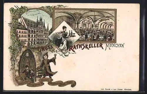 Lithographie München, Rathskeller, Aussen- und Innenansicht und Münchener Kindl