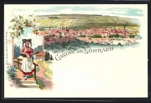 Lithographie Lörrach, Totalansicht aus der Vogelschau, Frau in Tracht