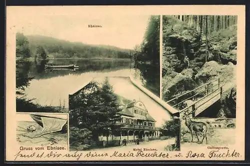 AK Ebnisee, Gallengrotte, Hotel Ebnisee, Fischer auf dem See