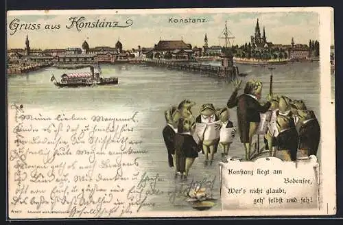 Lithographie Konstanz, musizierende Frösche am Bodensee, Dampfer auf Rundfahrt