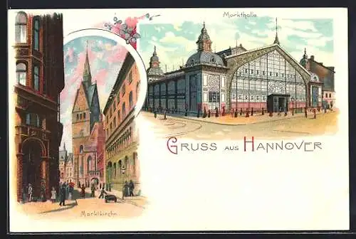 Lithographie Hannover, Markthalle, Marktkirche