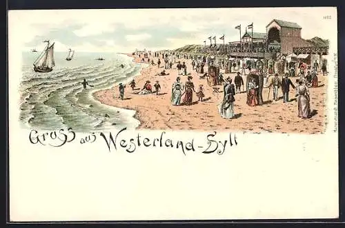 Lithographie Westerland, Urlauber spazieren am Strand entlang, Segelboote