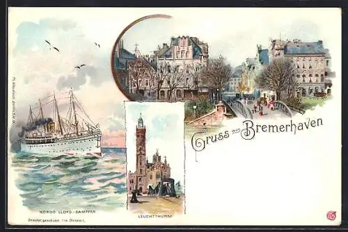 Lithographie Bremerhaven, Leuchtturm, Teilansicht mit Brücke, Werbekarte Fahrräder von August Stukenbrok in Einbeck