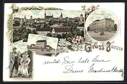 Lithographie Bautzen, Königliches Gymnasium, Martha-Stift, Wendische Volkstrachten