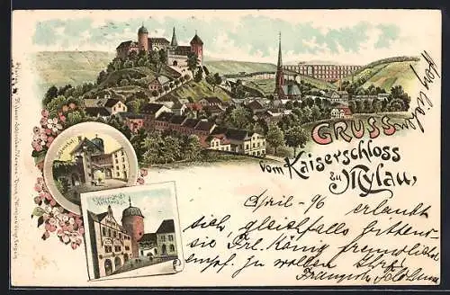 Lithographie Mylau, Kaiserschloss, Schlosshof, Rathaus im Oberen Hof