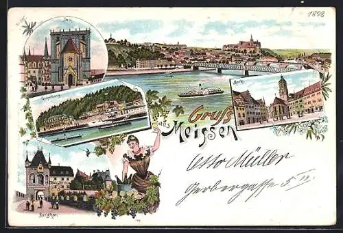 Lithographie Meissen, Dom, Geipelburg, Panorama m. Dampfer