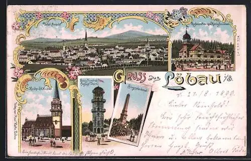 Lithographie Löbau, Totalansicht, Kirche St. Nicolai, König Friedrich-August-Turm, Siegesdenkmal