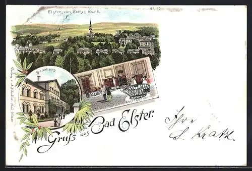 Lithographie Bad Elster, Teilansicht von Bettys Bank aus, Badehaus, Königs-Marien- und Albertsquellen