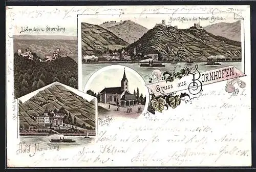 Lithographie Bornhofen, Hotel Marienburg, Blick zum Ort u. d. feindlichen Brüder, Burg Liebenstein u. Sterenberg