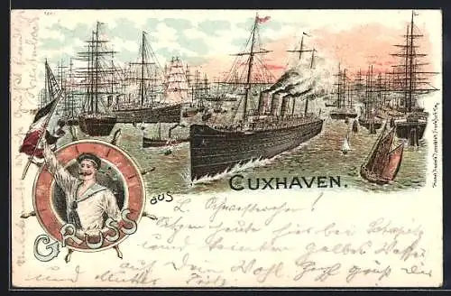 Lithographie Cuxhaven, Passagierdampfer und Segelschiffe, Matrose mit Reichsflagge