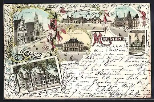 Lithographie Münster i. W., Königliche Akademie, Kaiserliches Postamt, Bahnhof