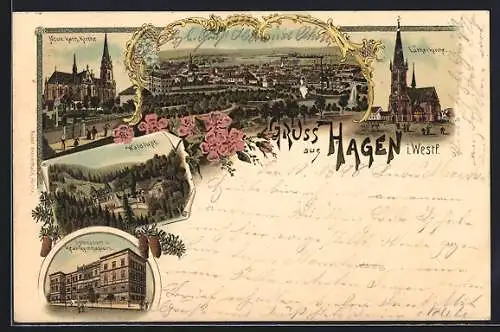 Lithographie Hagen i. Westfalen, Ortsansicht, Neue kathol. Kirche, Lutherkirche und Gaststätte Waldlust