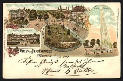 Lithographie Hannover, Herrenhäuser-Allee, Grosse Fontaine, Schloss Herrenhausen