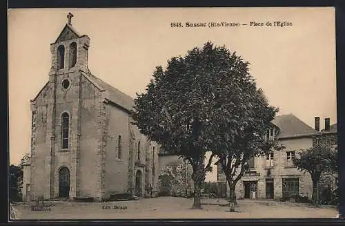 AK Sussac, Place de l`Église avec l`église et arbres autour